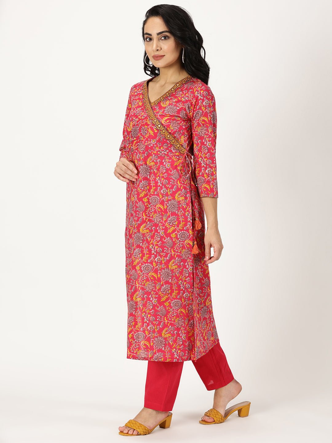 Pink Floral Print Angrakha Kurta with Neck Embroidery