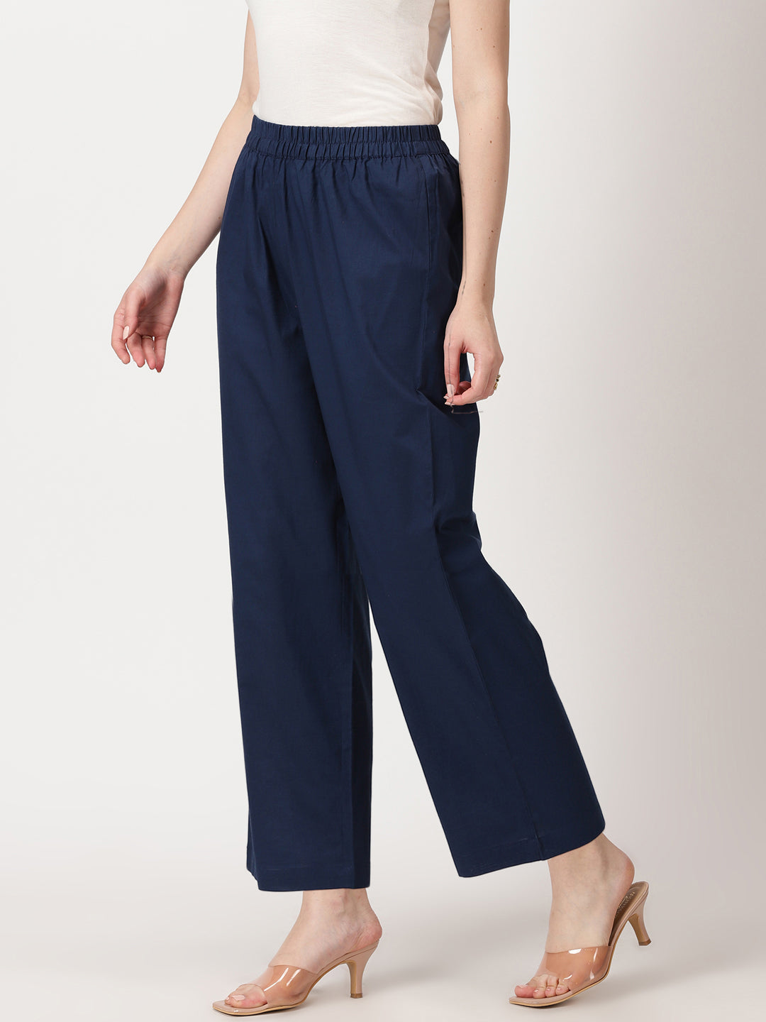 Navy Blue Solid Cotton Palazzos