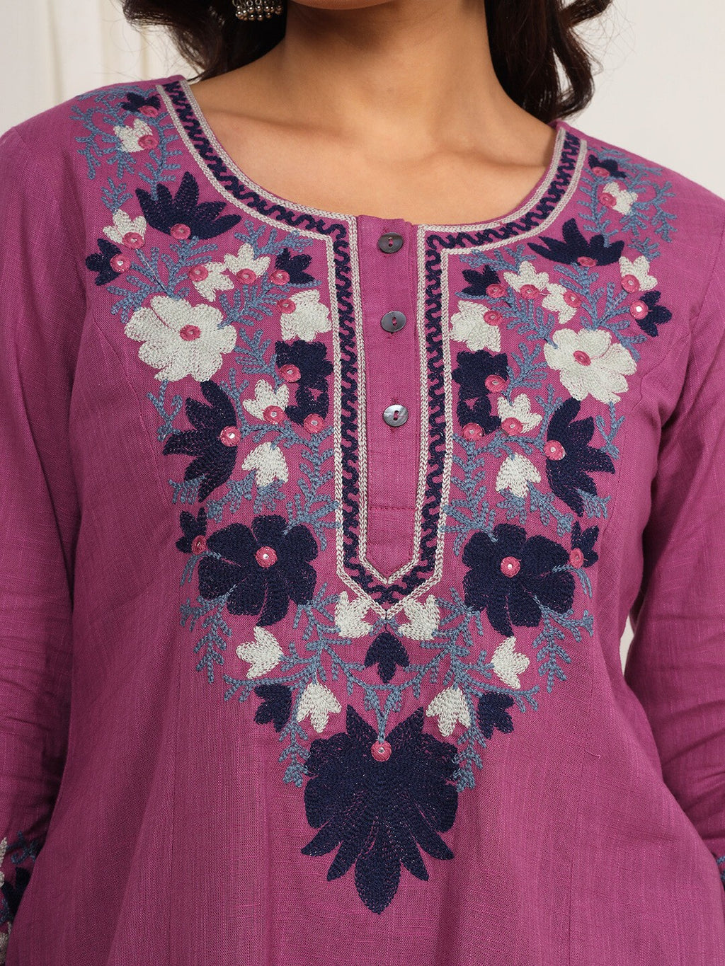 Mulberry Rose Kashida Embroidered A-Line Cotton Kurta Set with Salwar