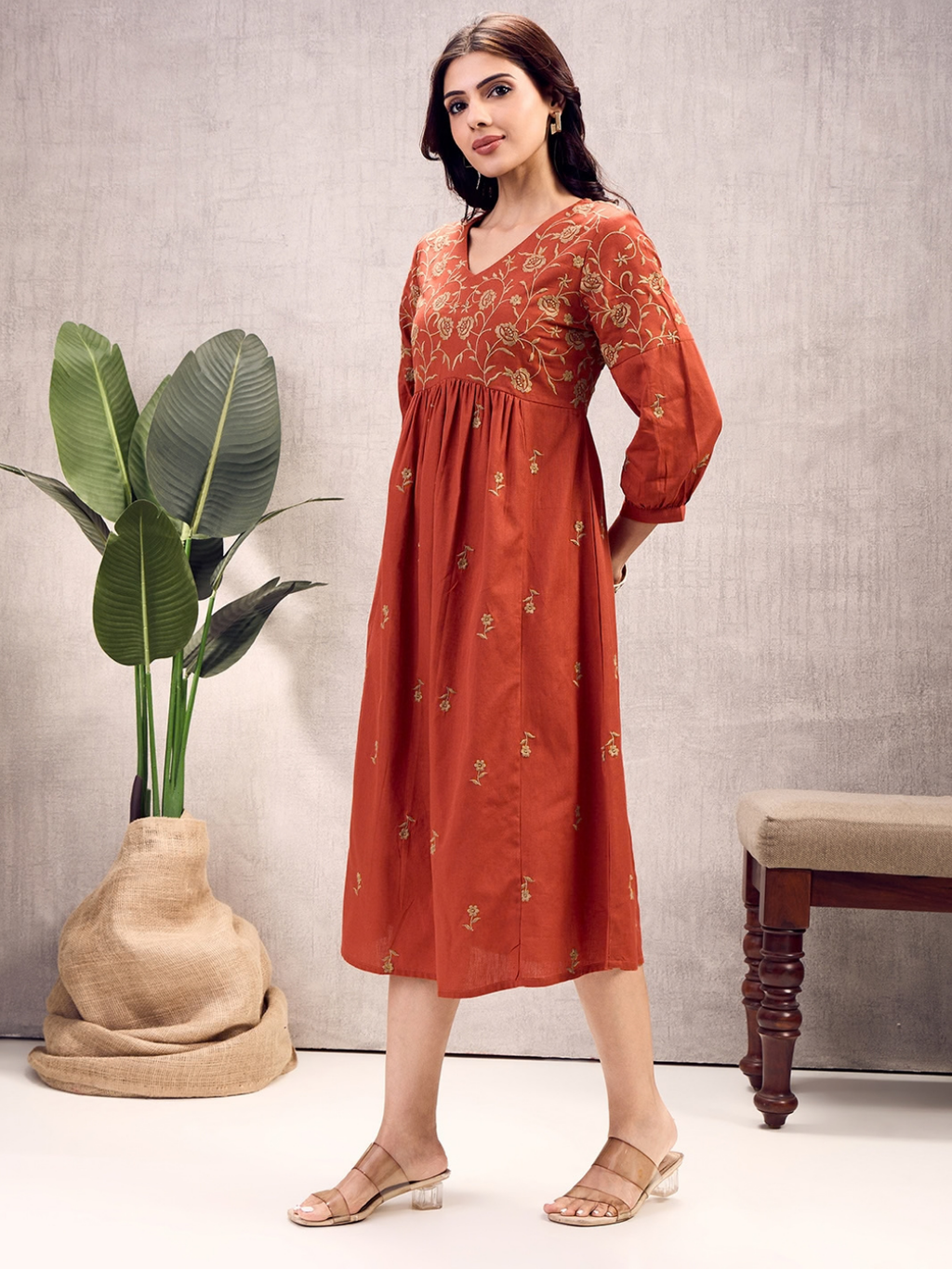 Burnt Orange Boho Embroidered Dress