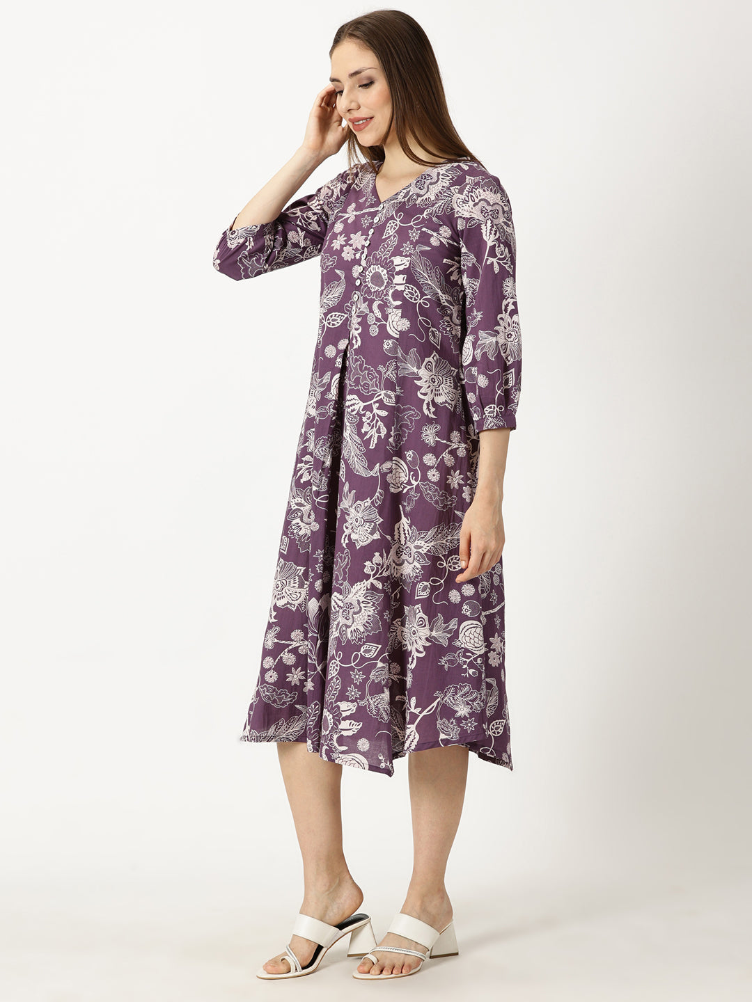 Purple Tropical Print Cotton Dress with Back Strap