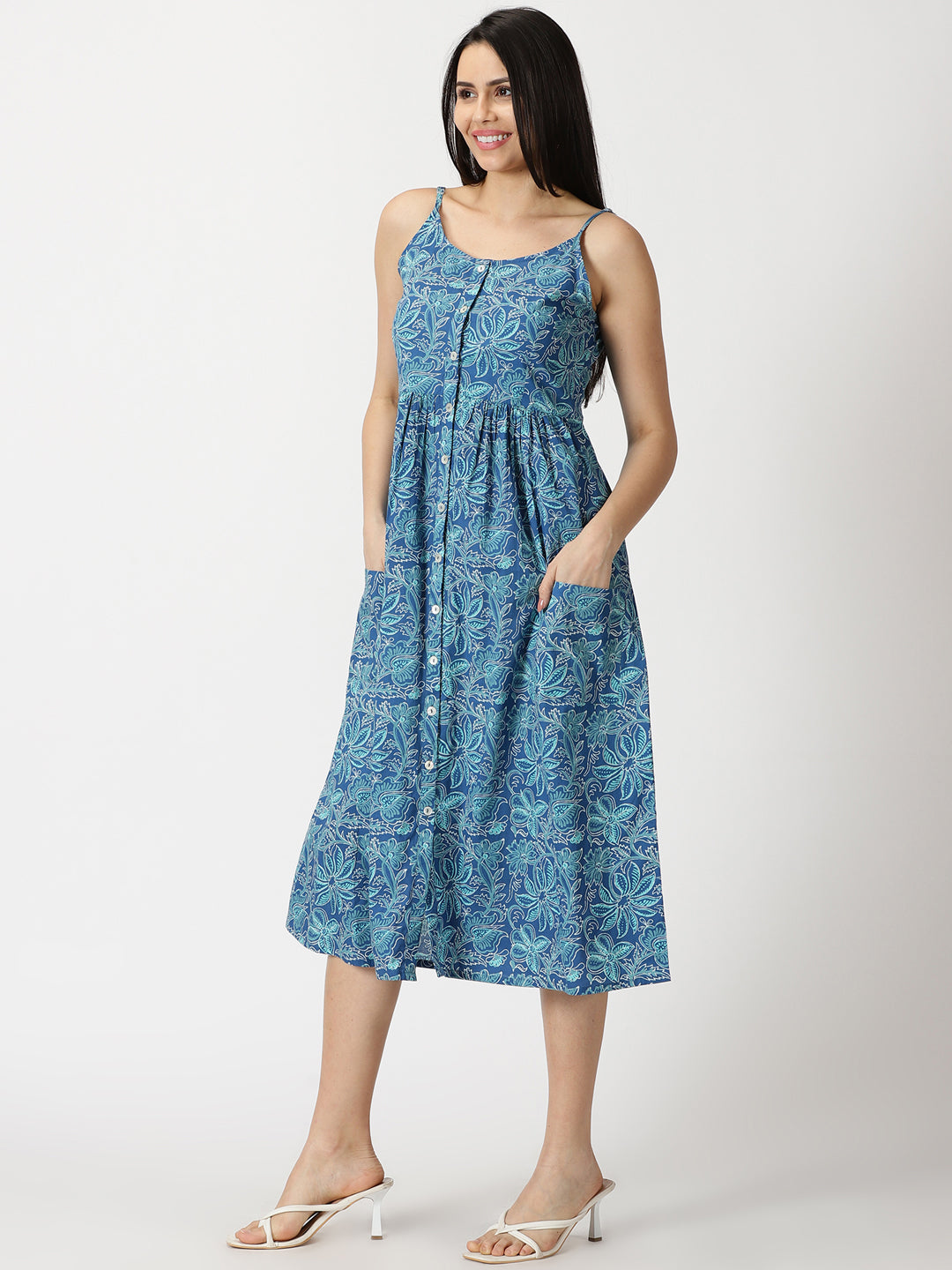 Blue Floral Print Cotton Strappy Midi Dress