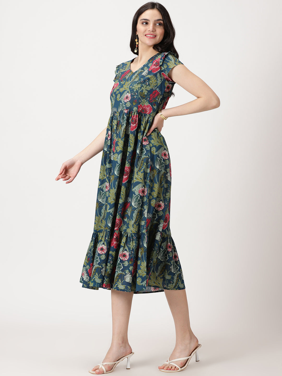 Teal Tropical Printed Midi Dress with Flounce Hem