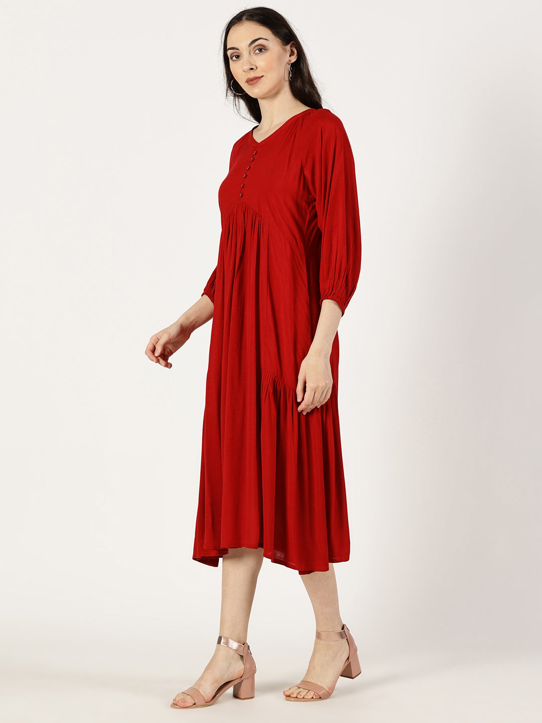 Red Rayon Slub Dress with Gathers