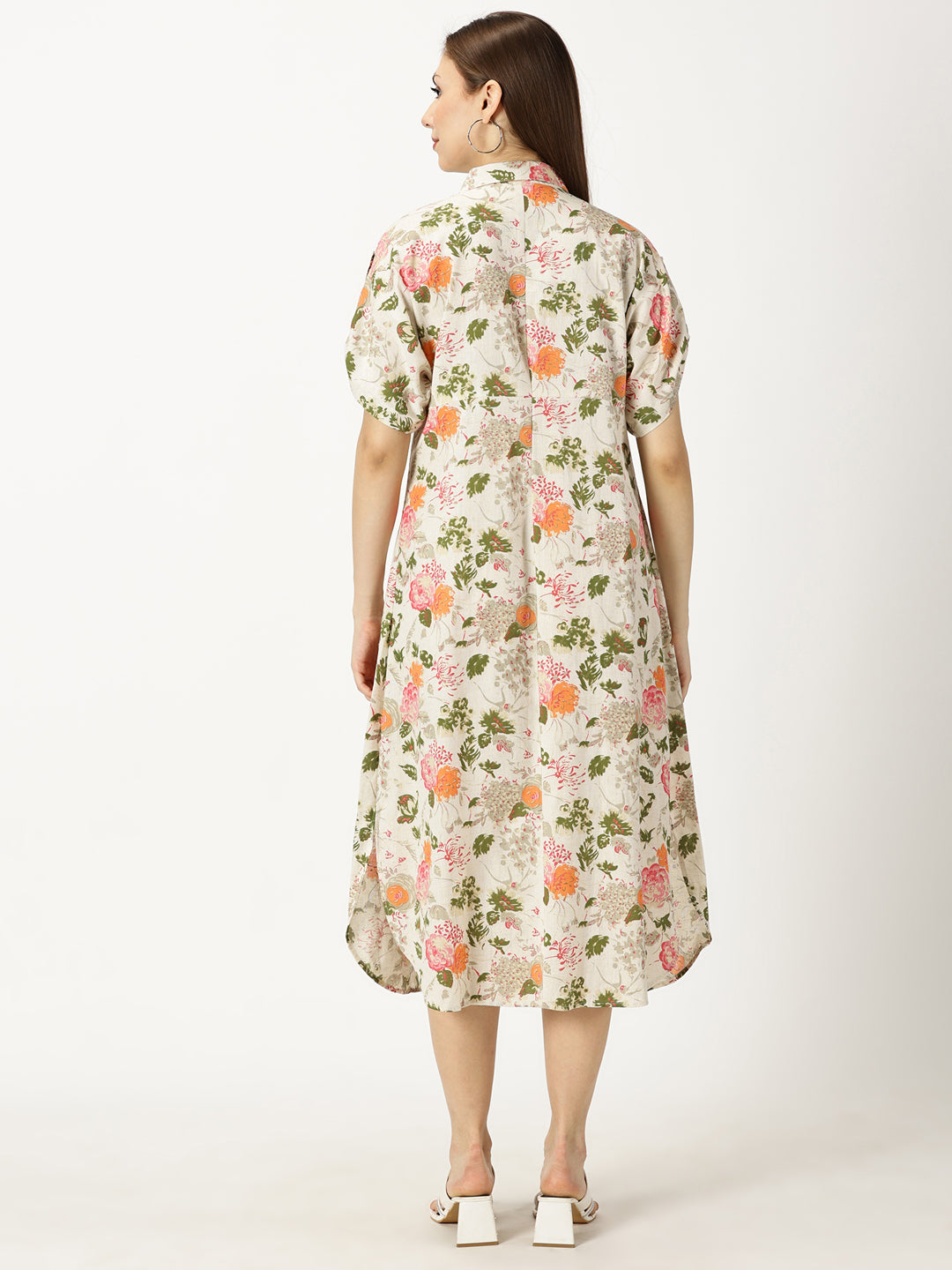 Orange Floral Printed Cotton Flax Dress with Shirt Collar