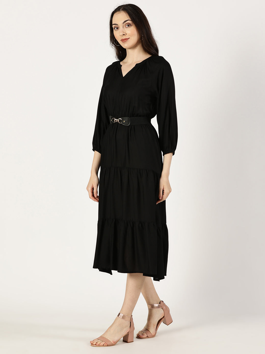 Black Tiered Midi Dress with Elastic Waist Belt