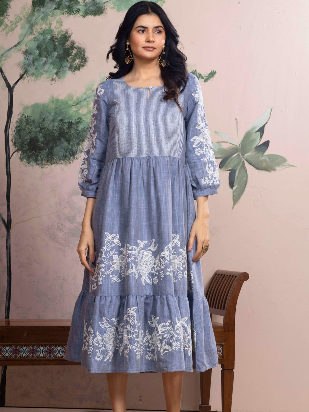 Shadow Blue Chambray Floral Embroidered Tiered Dress