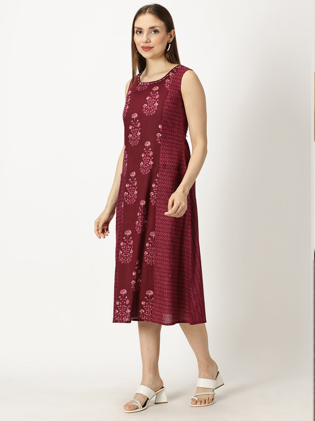 Wine Ethnic Motifs Panelled Printed Cotton Dress