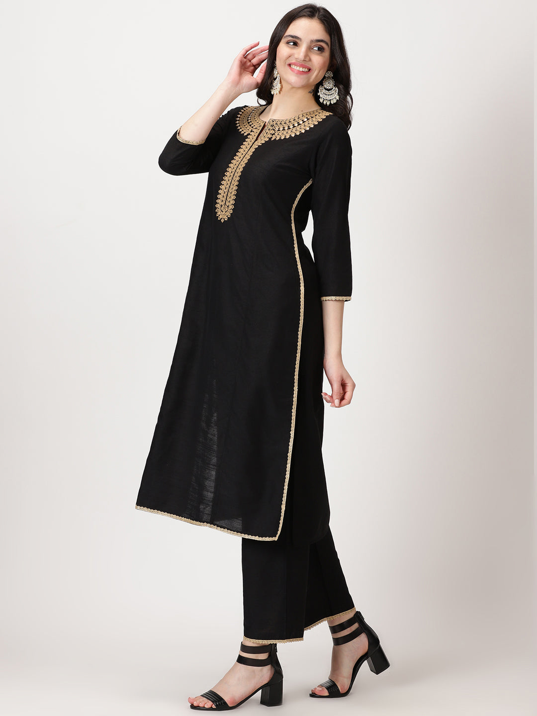 Black Art Silk Kurta with Embroidery & Lace Details
