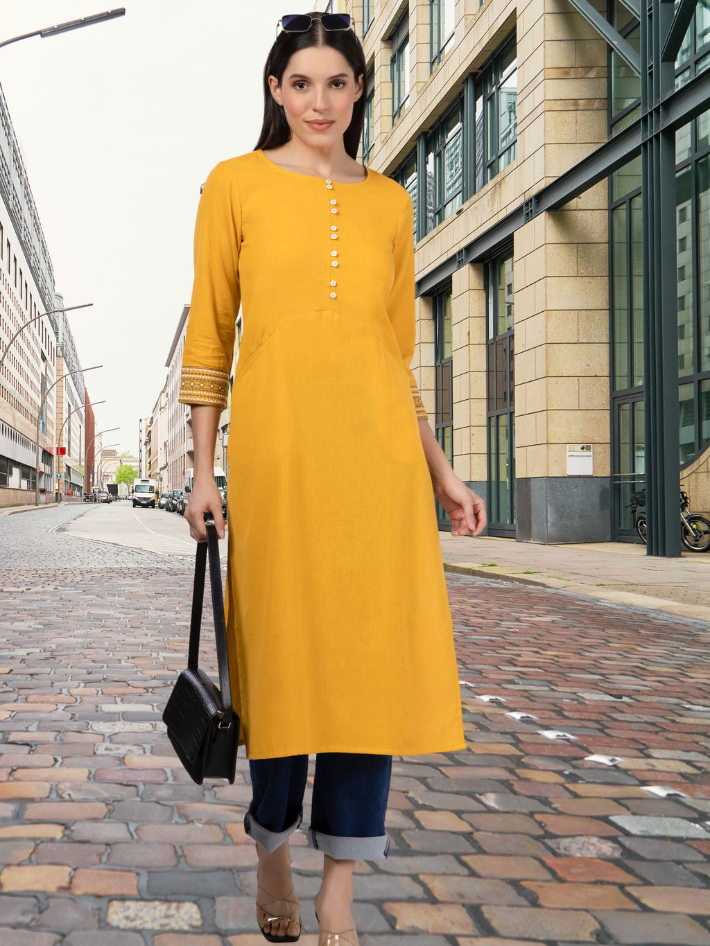 Yellow Solid Cotton Kurta with Pockets & Sleeve Embroidery