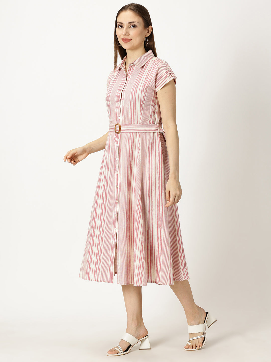 Pink Striped Print Cotton Flax Dress With Belt Buckle