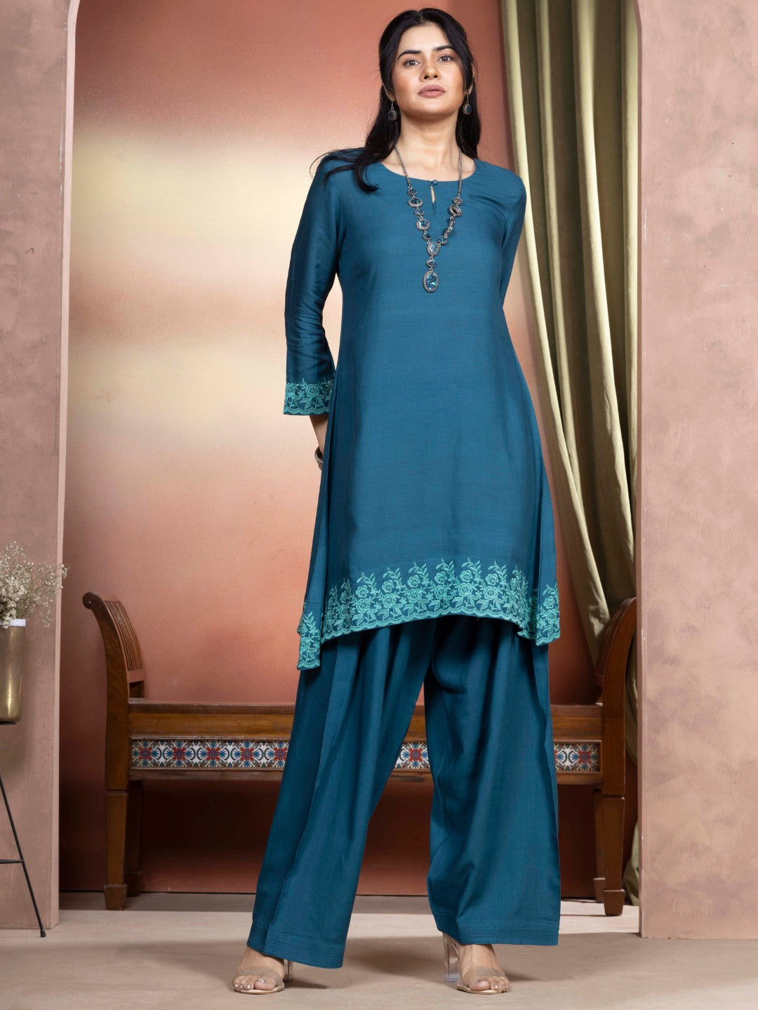 Transformative Teal Embroidered A-Line Kurta with Farshi Salwar