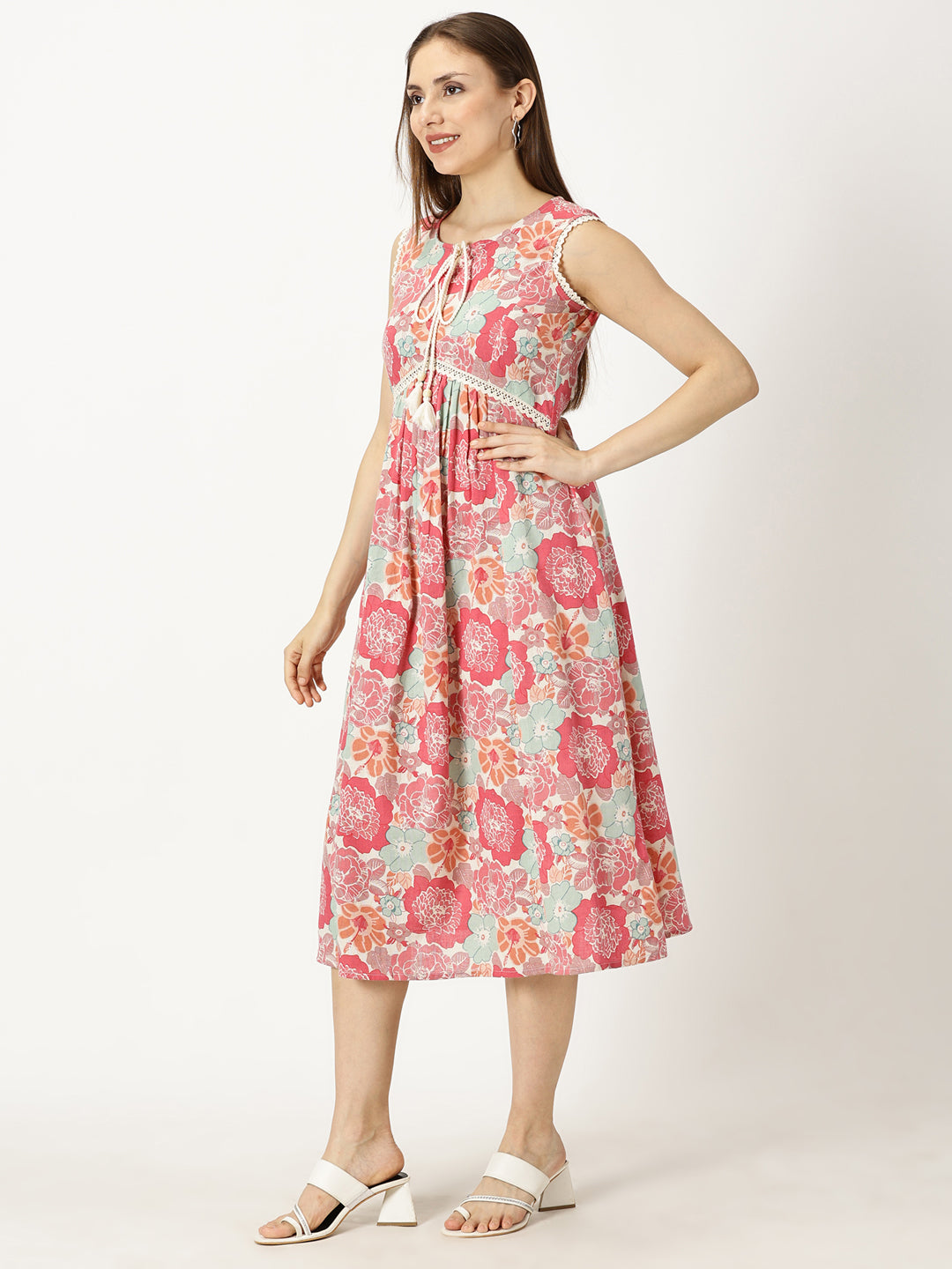 Pink Floral Printed Dress with Braided Neck Tie-up and Lace inserts