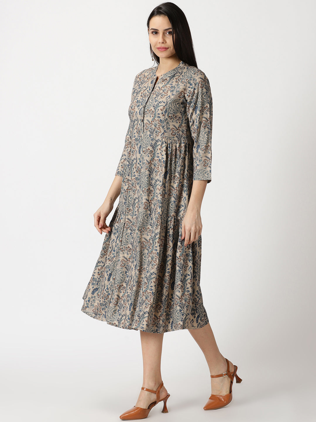 Beige Ethnic Floral Print Rayon Dress with Side Gathers