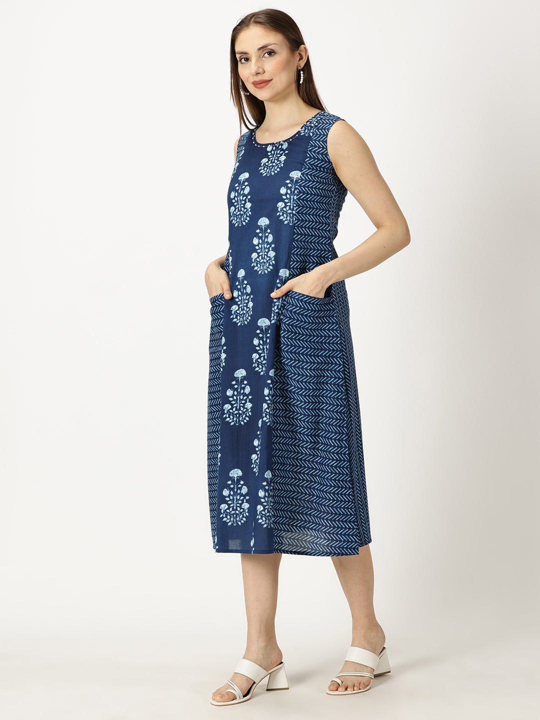 Navy Blue Ethnic Motifs Panelled Printed Cotton Dress