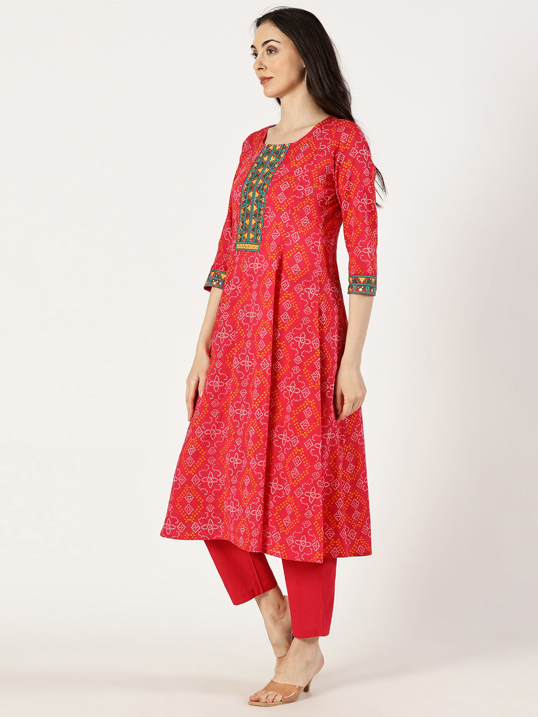 Pink Cotton Printed Kurta with Embroidered Neck and Mirror Work