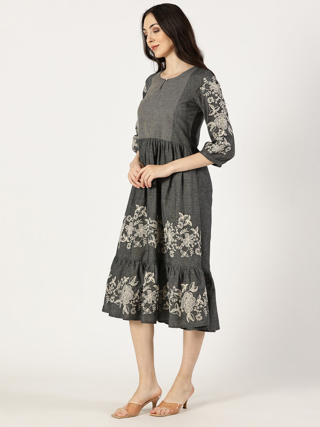 Grey Cotton Tiered Embroidered Dress