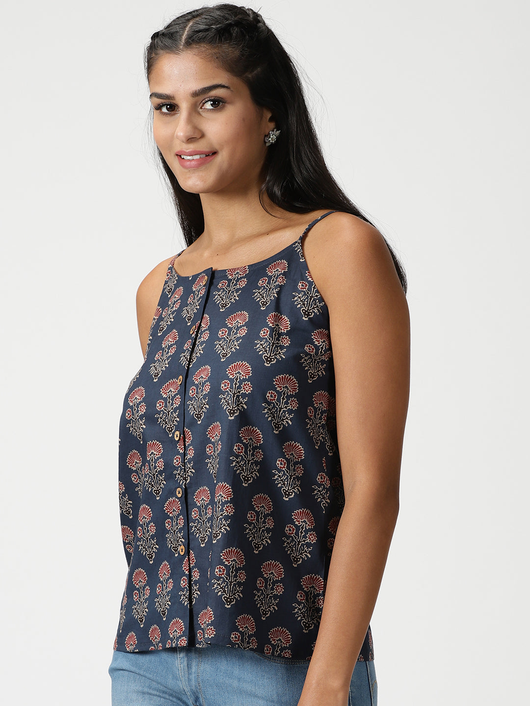 Navy Blue Dahlia Print Button-Down Strappy Top
