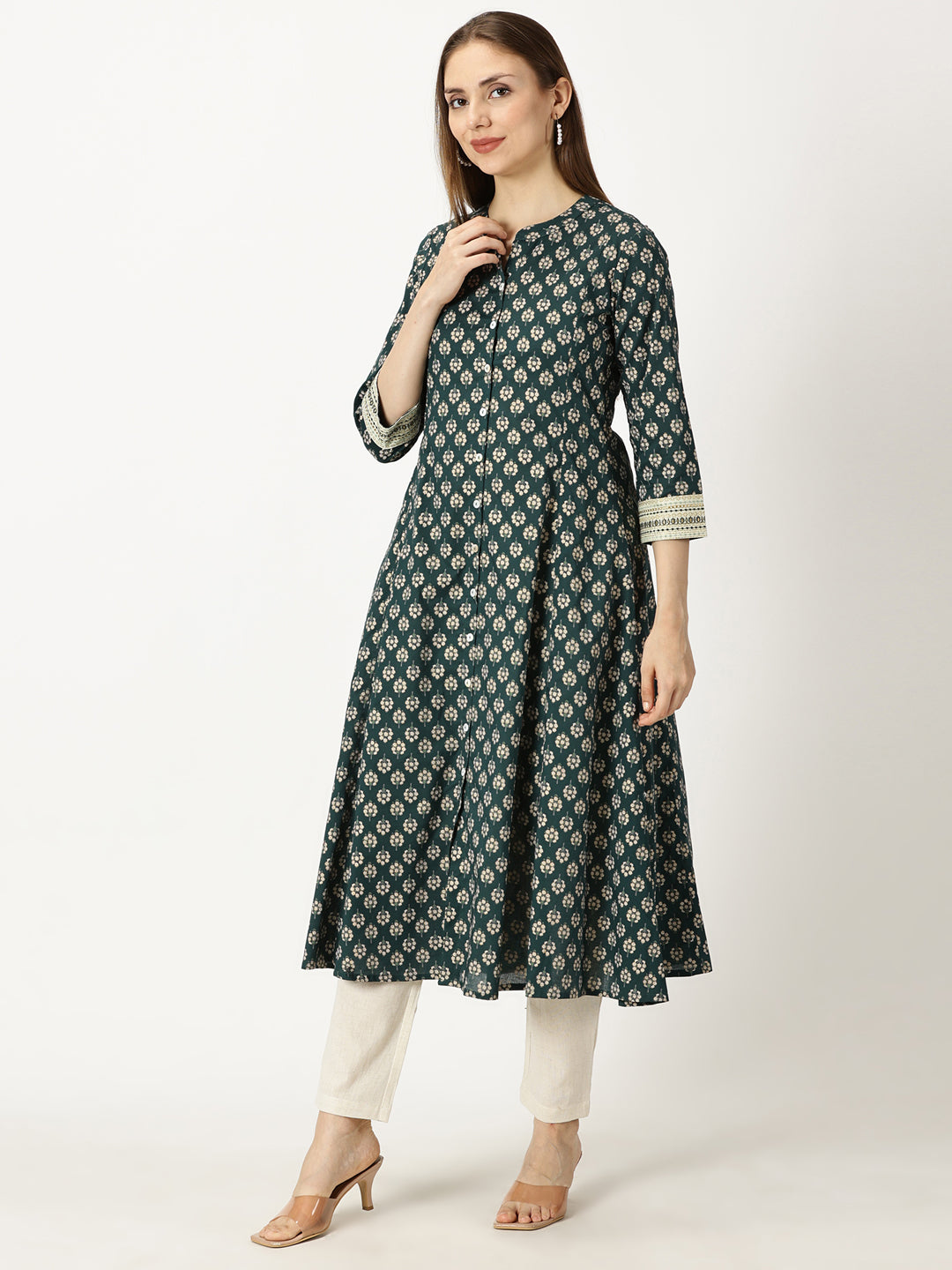 Green Floral Gold Foil Printed Button Down Cotton Kurta