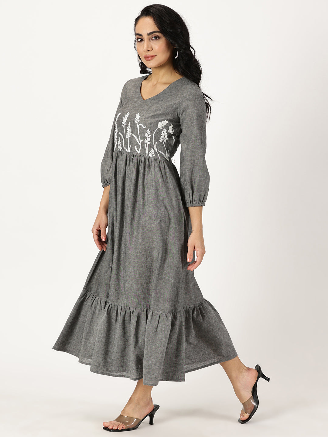 Melange Grey Boho Midi Dress with Yoke Embroidery