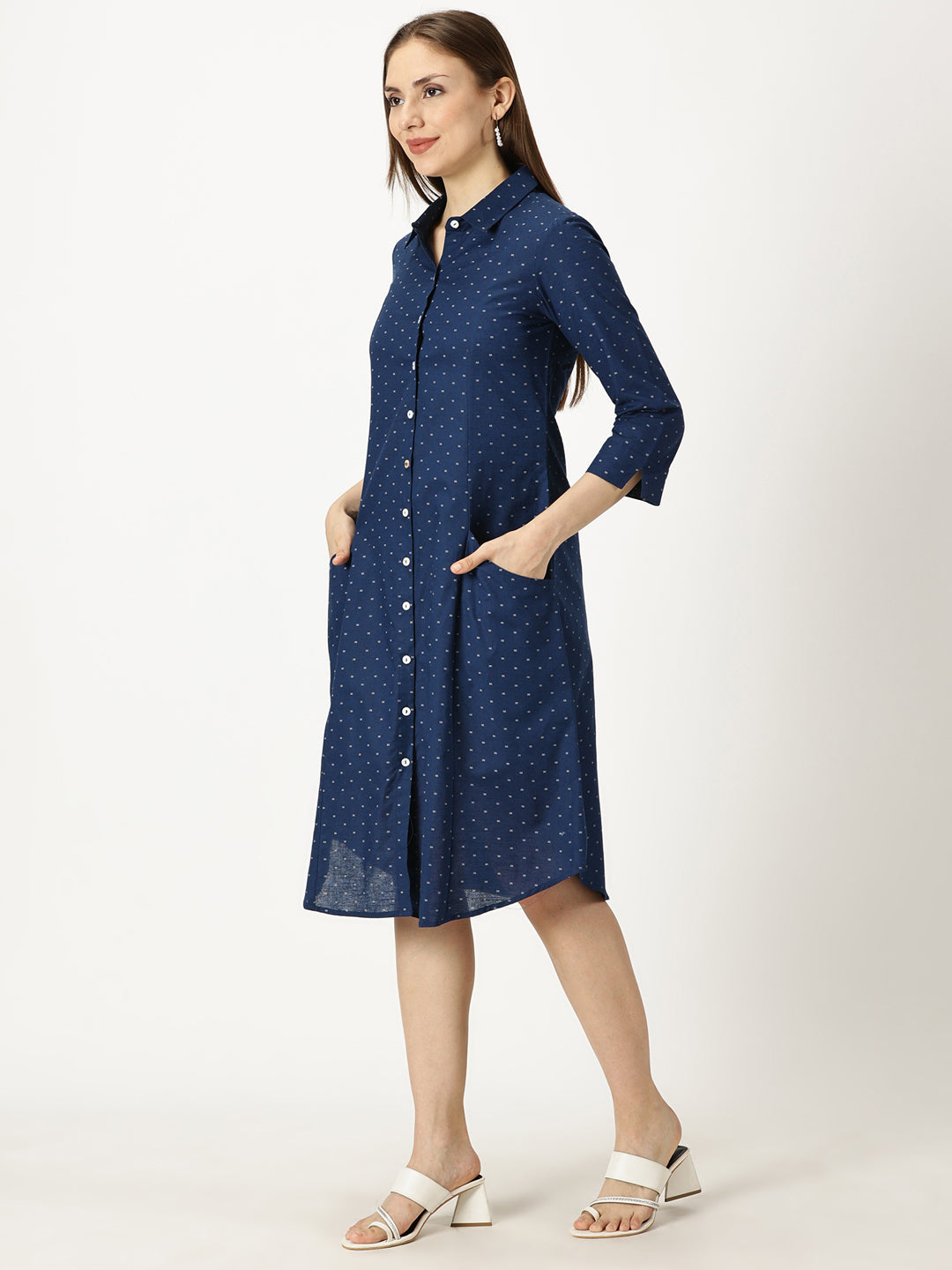 Navy Blue Printed Midi Shirt Dress