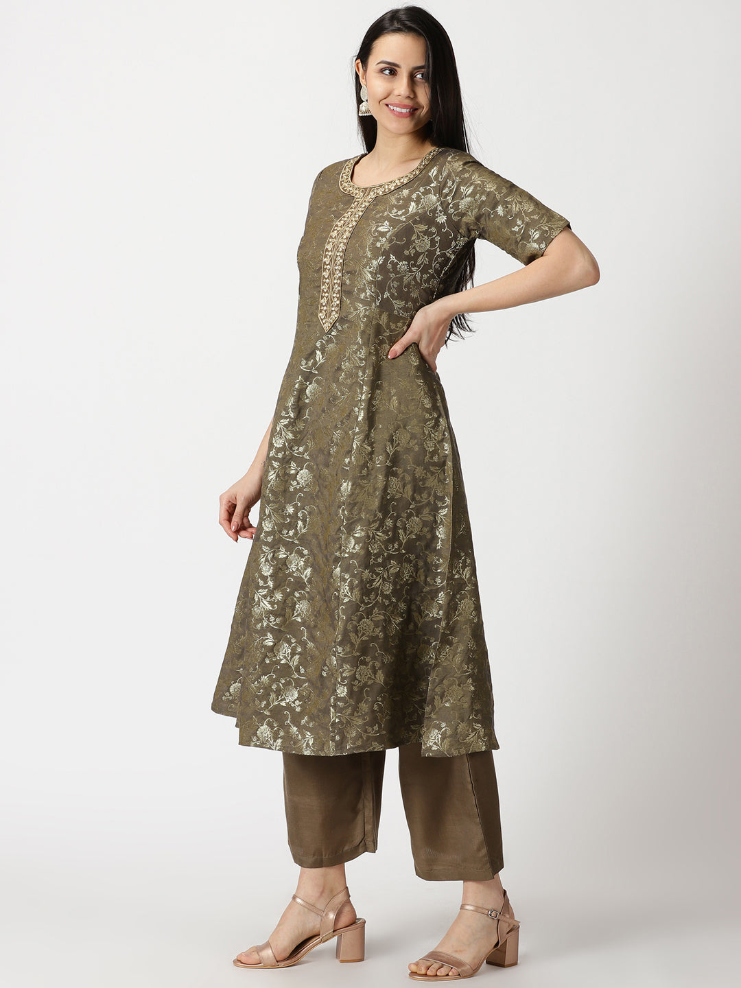 Mehendi Green Banarasi Jacquard Kurta with Palazzo & Dupatta