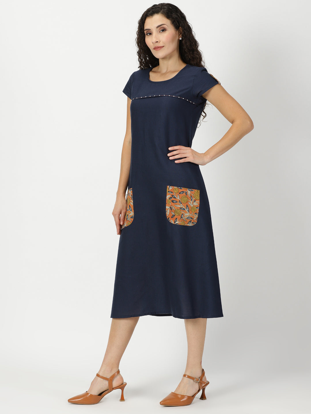 Navy Blue Solid Midi Dress with Bagru Patch Pockets