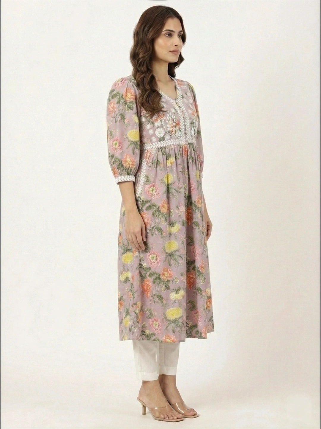 Lilac Floral Print Kurta with Chikankari Embroidery