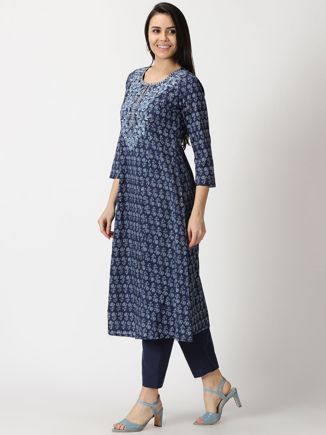 Navy Blue Ethnic Floral Print A-line Kurta with Embroidered Neck