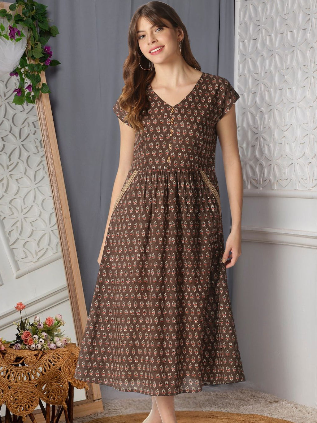 Brown Ethnic Motifs Printed Midi Dress with Embroidered Pockets