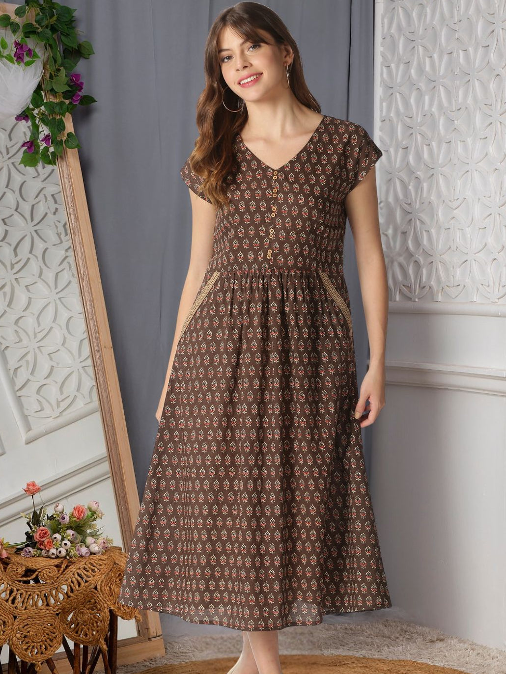 Brown Ethnic Motifs Printed Midi Dress with Embroidered Pockets