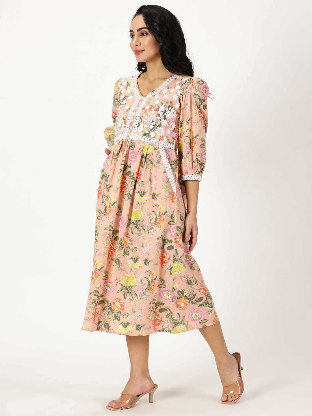 Peach Floral Print Midi Dress with Chikankari Embroidery