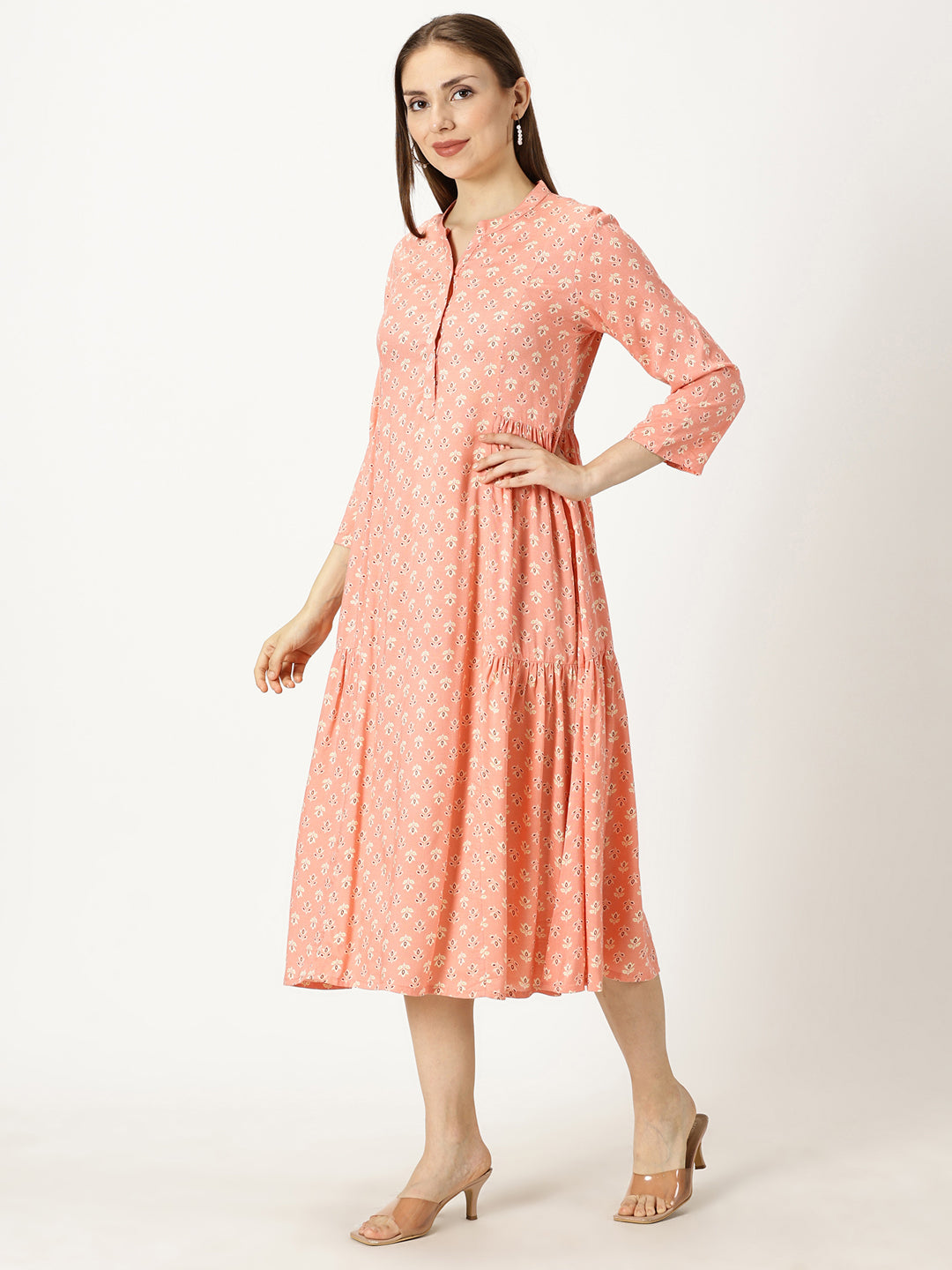 Peach Printed Rayon Dress with Side Gathers