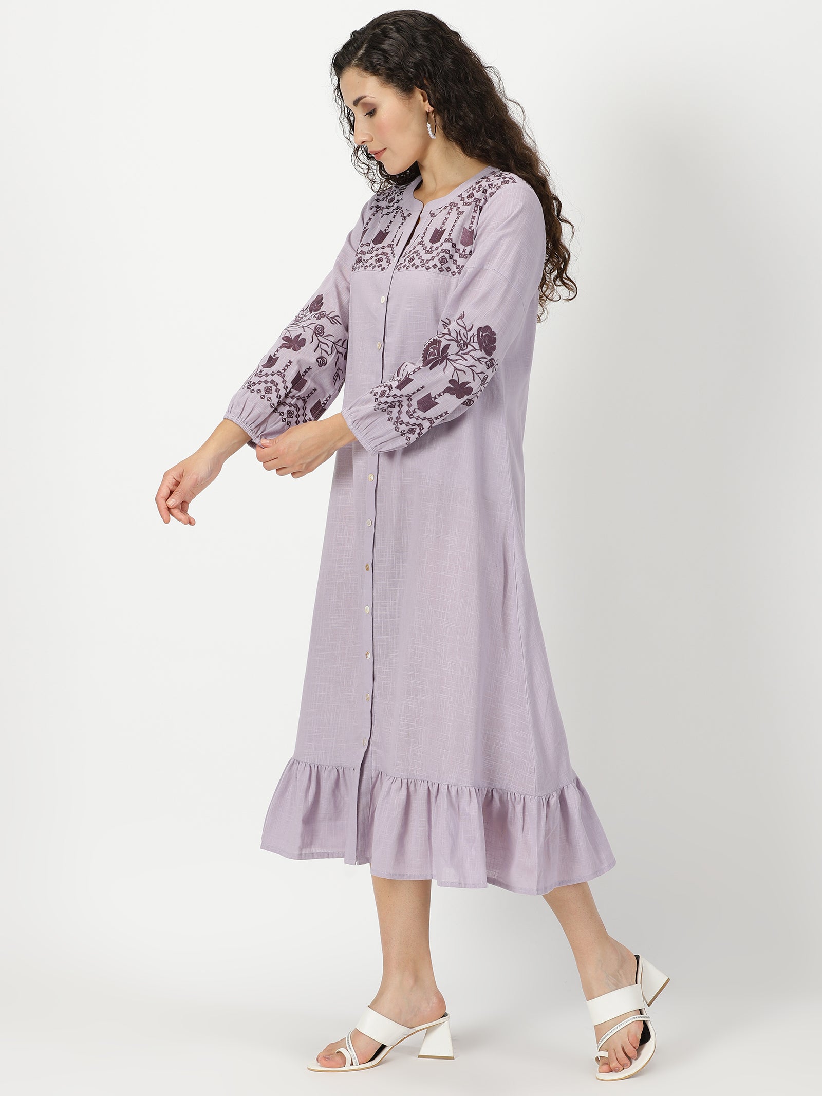 Lilac Boho Midi Dress with Embroidered Details