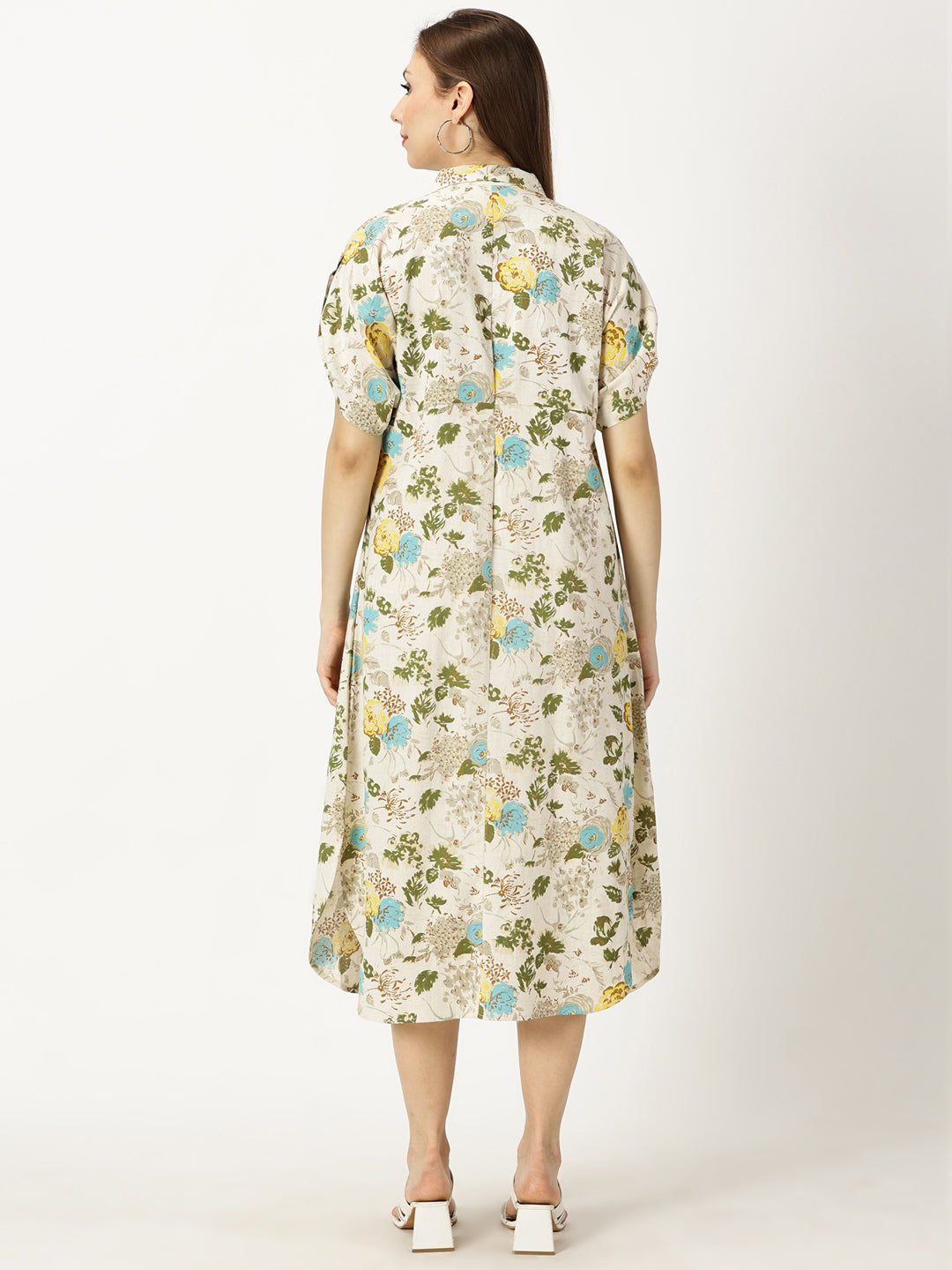 Turquoise Floral Printed Cotton Flax Dress with Shirt Collar