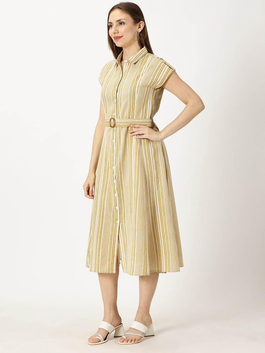 Yellow Striped Print Cotton Flax Dress With Belt Buckle