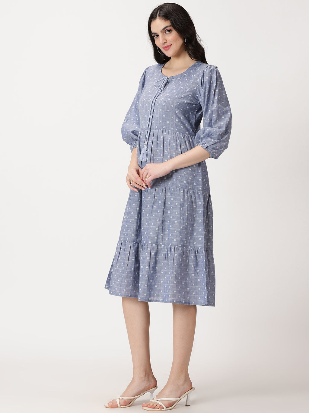 Blue Abstract Woven Design Tiered Midi Dress