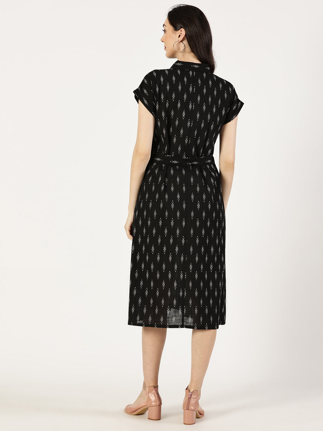 Black Ikat Print Cotton Dress With Belt Buckle