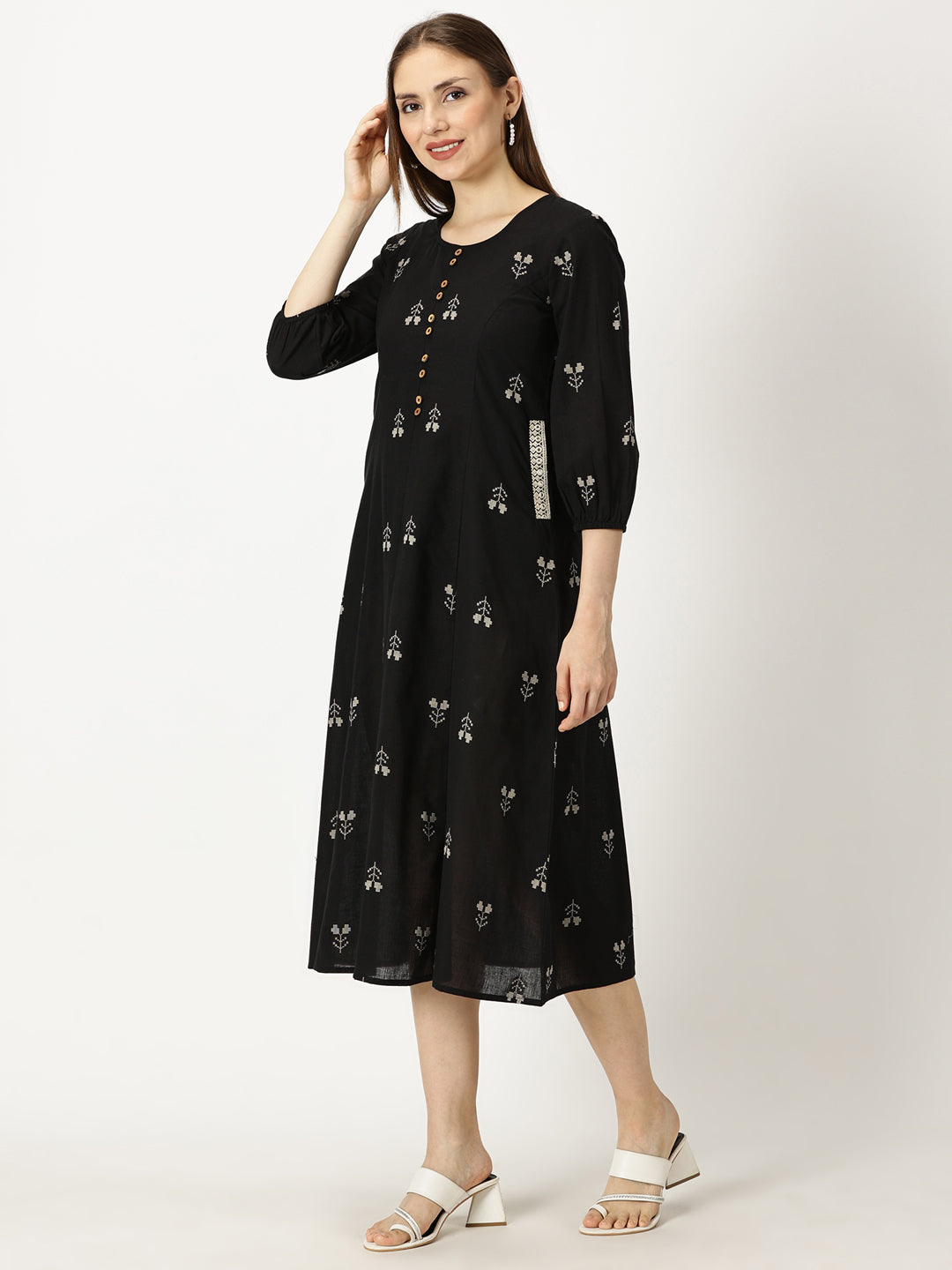 Black Princess Panelled Woven Cotton Dress