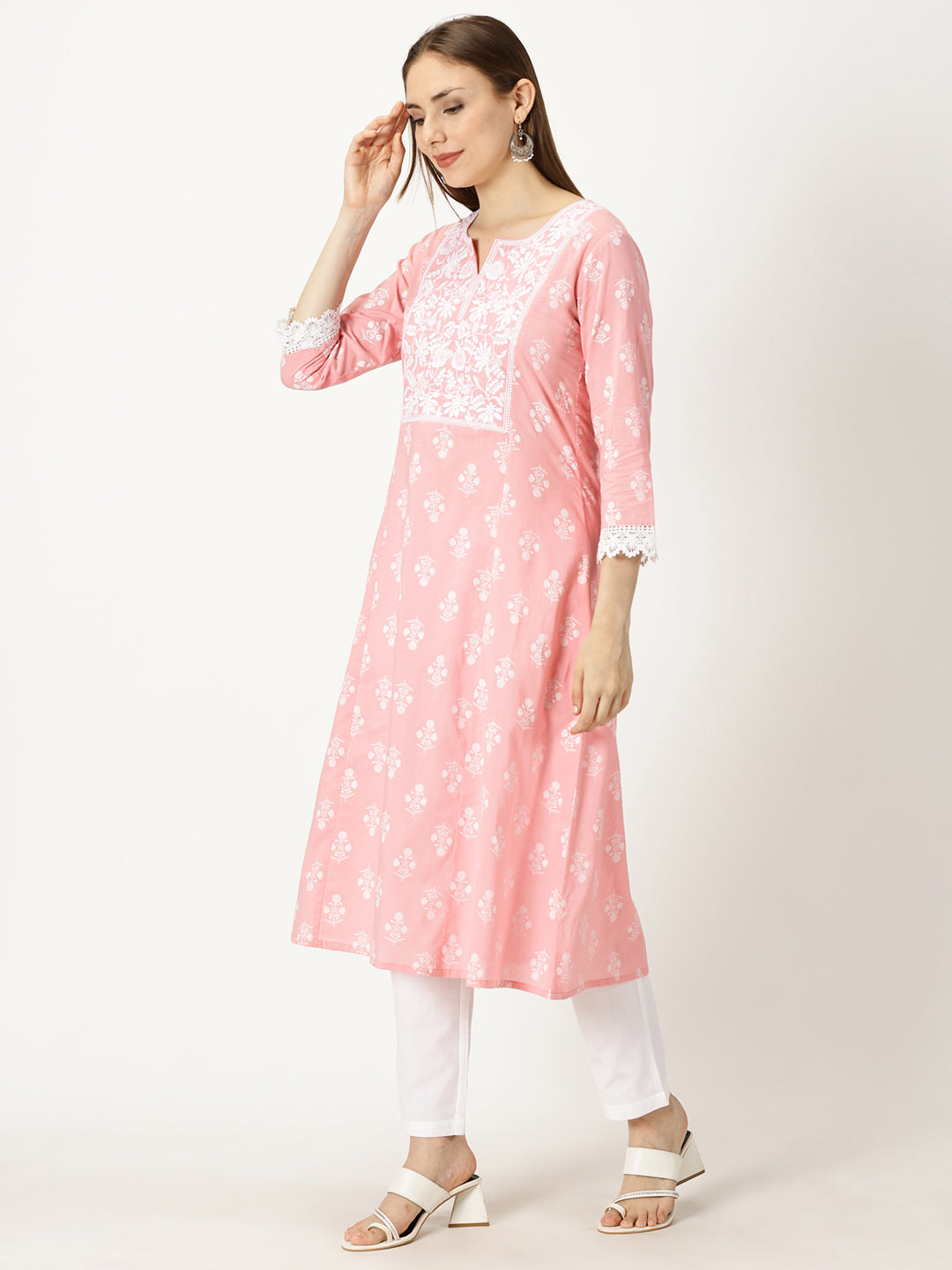 Pastel Pink Floral Print Cotton Kurta with Chikankari Embroidery