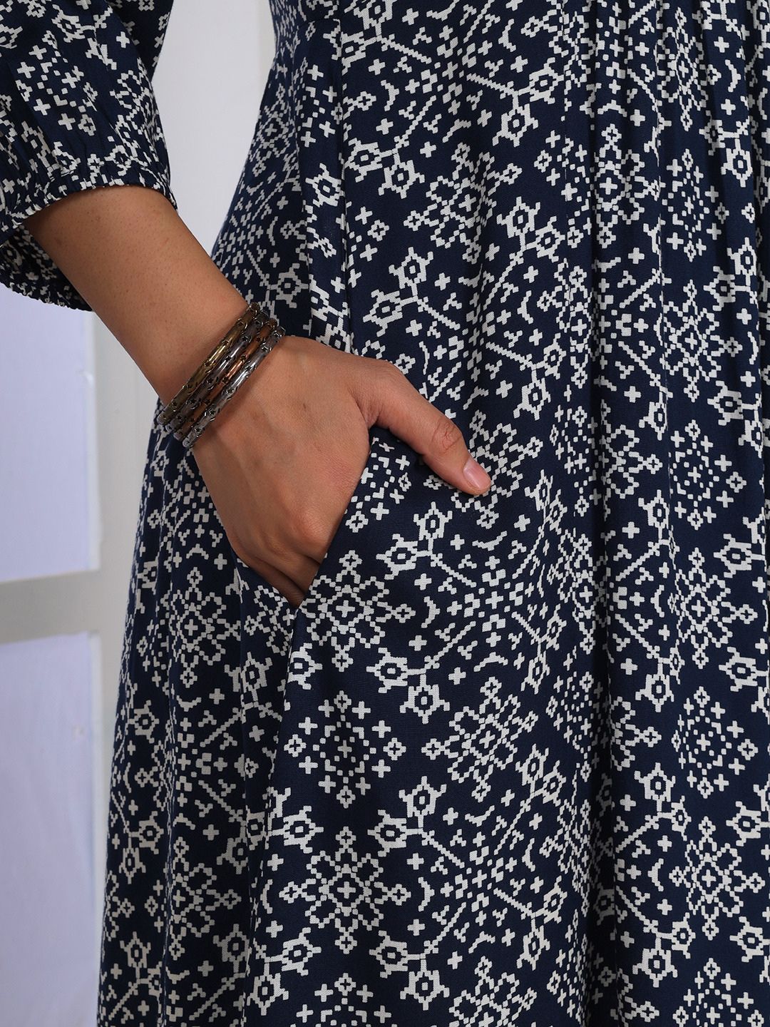 Navy Blue Printed A-Line Dress with Embroidery and Pockets