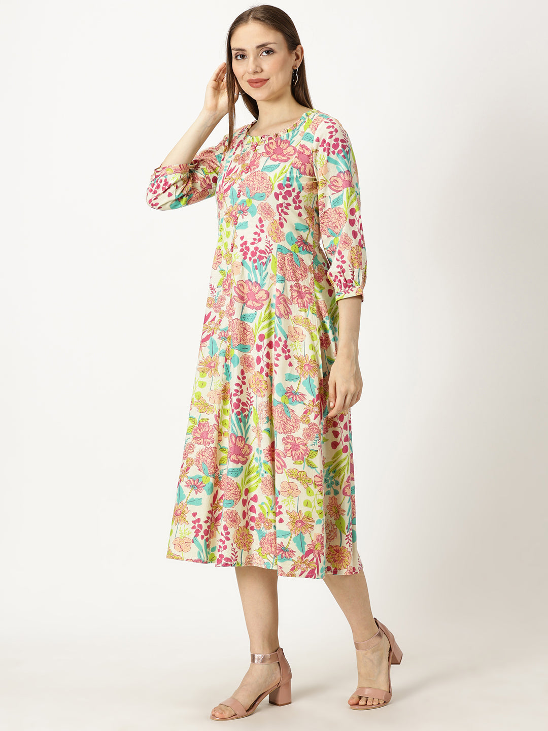 Pink Tropical Print Boho Cotton Dress