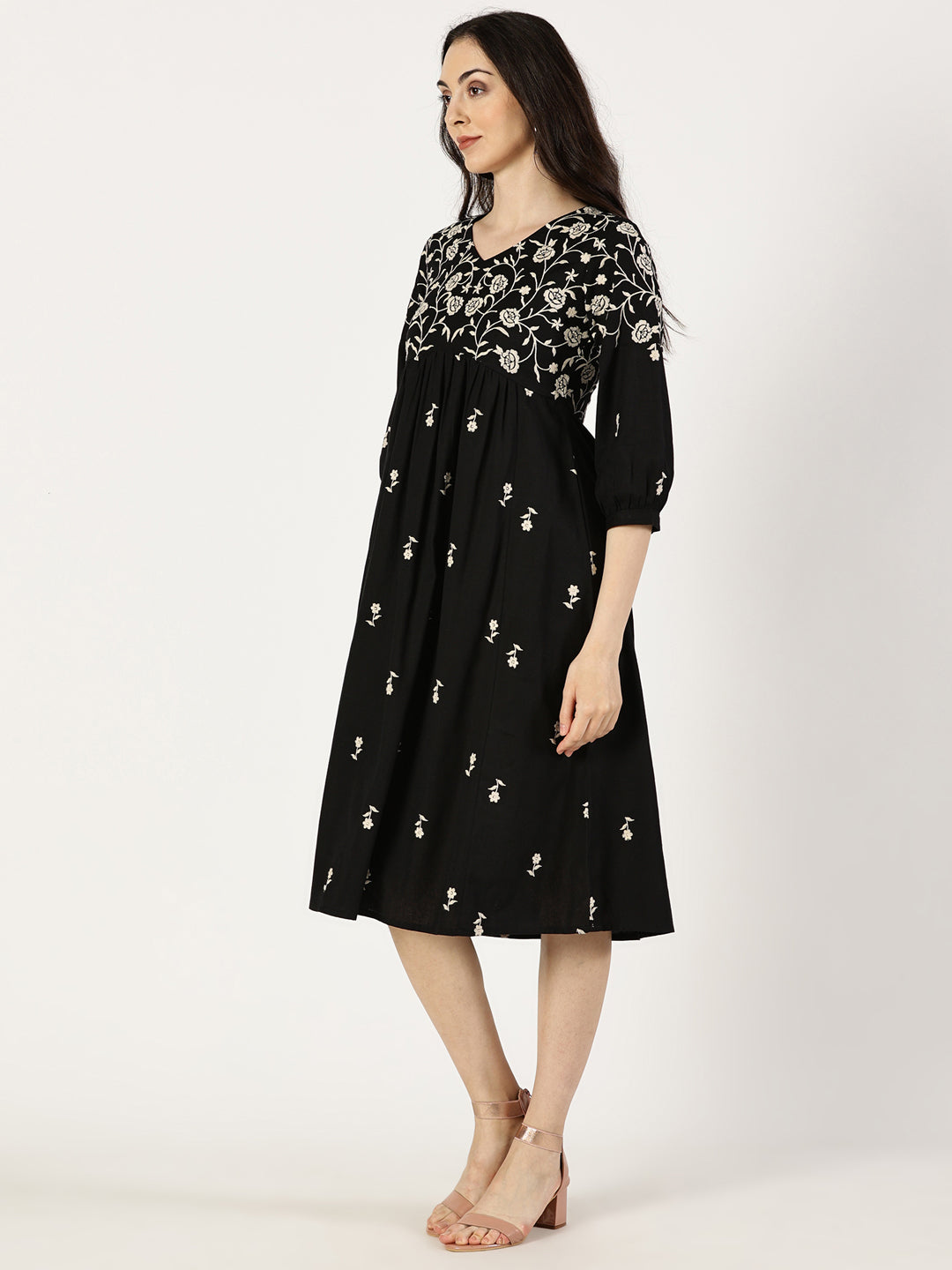 Black Boho Embroidered Midi Dress