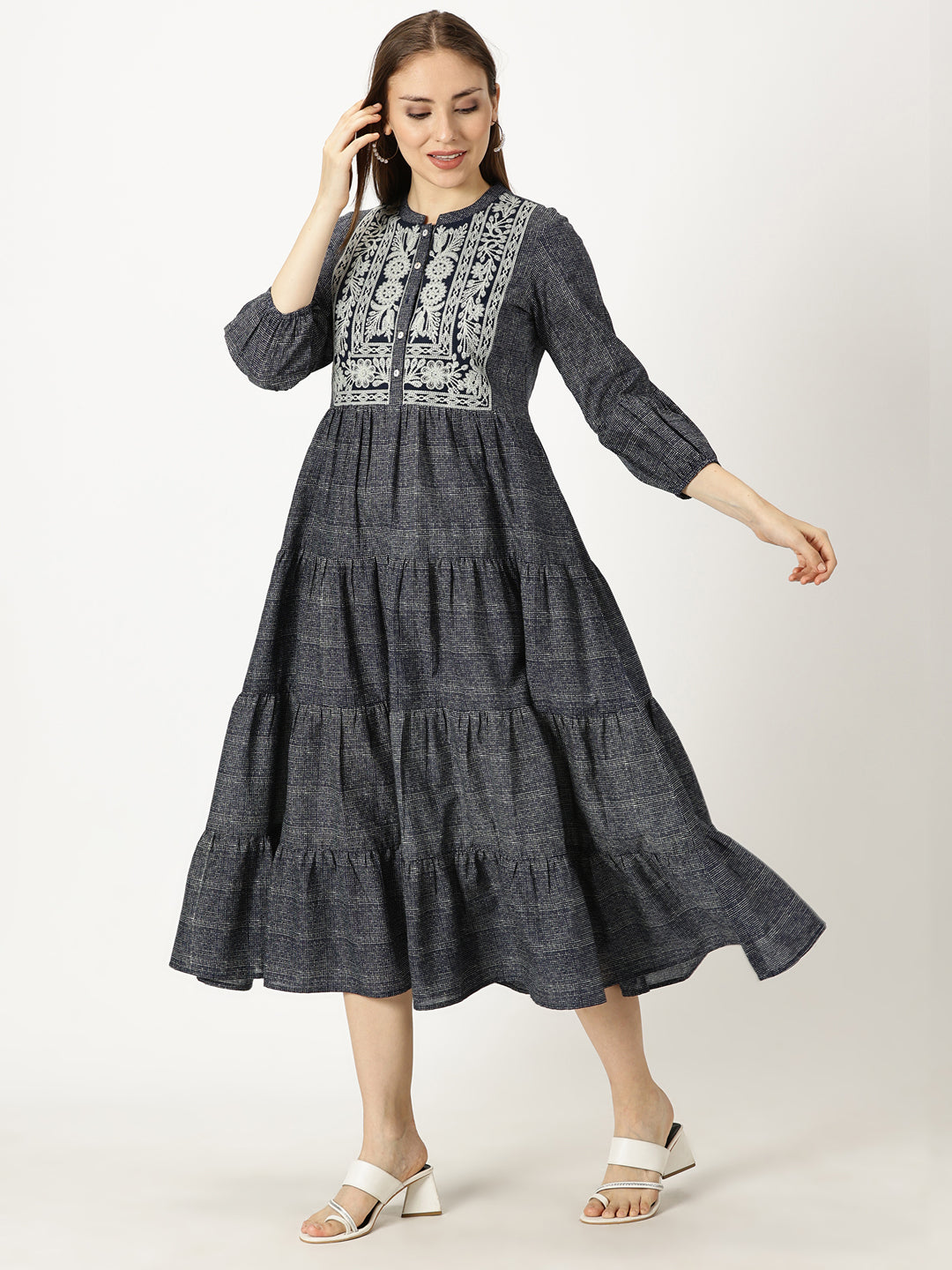 Navy Blue Cotton Tiered Midi Dress