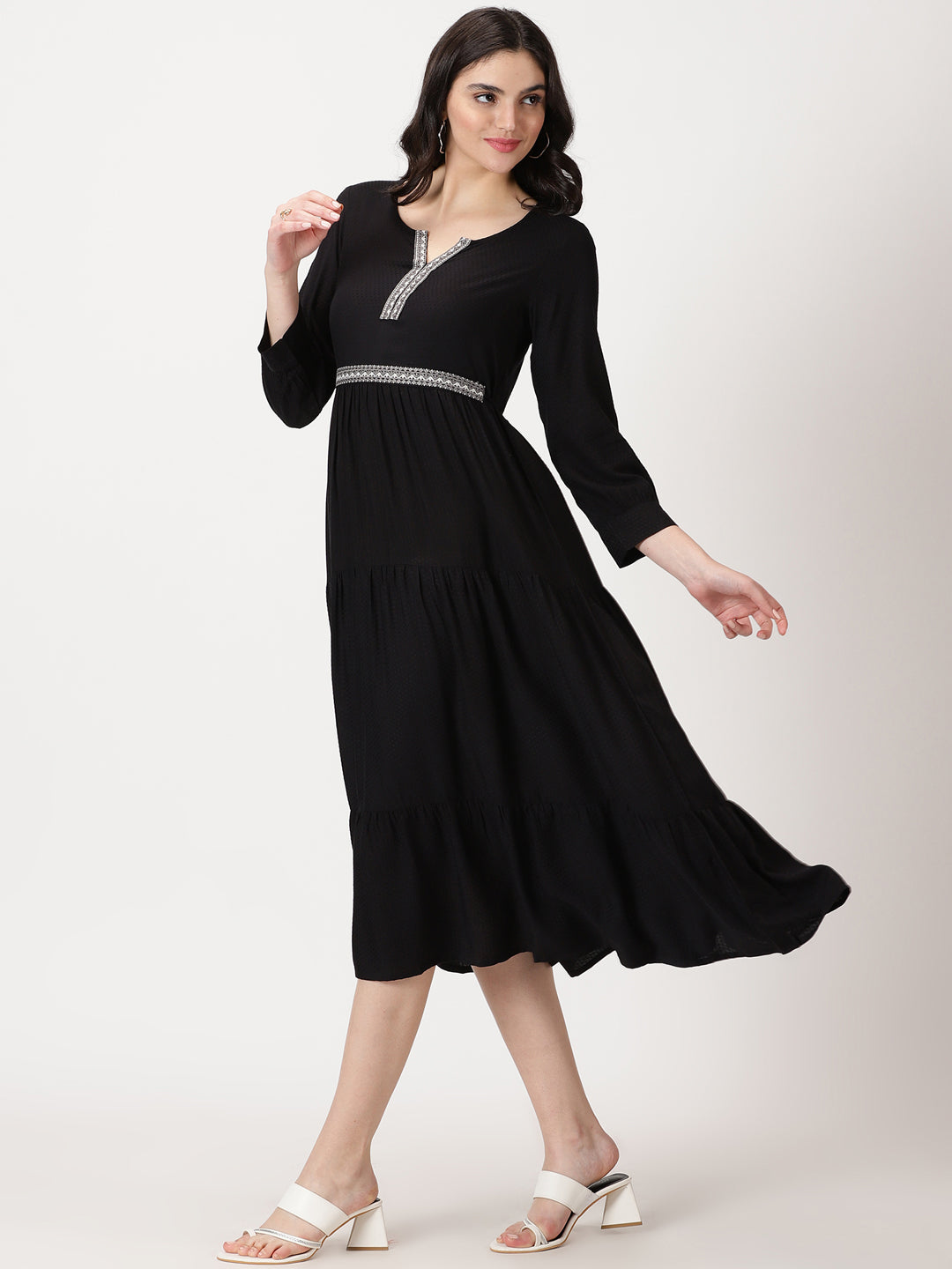 Black Self Design Tiered Midi Dress with Waist Tie-up