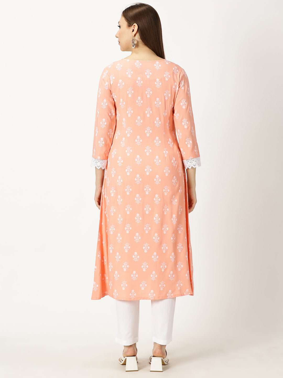 Pastel Peach Floral Print Rayon Kurta with Chikankari Embroidery