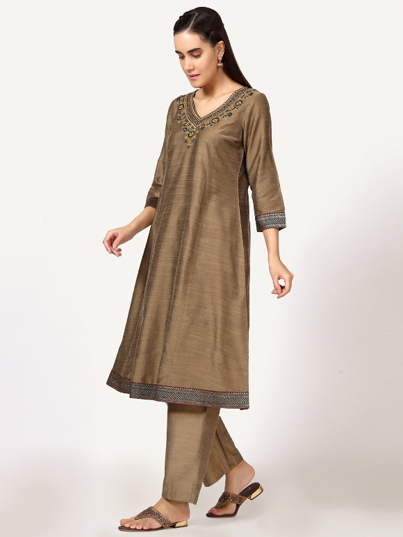 Gold Art Silk Embroidered Kurta Set with Brocade Lace