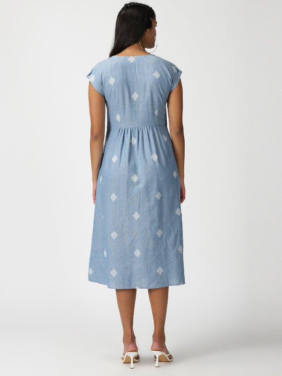 Blue Geometric Woven Design Midi Dress with Embroidered Pockets – Saffron  Threads