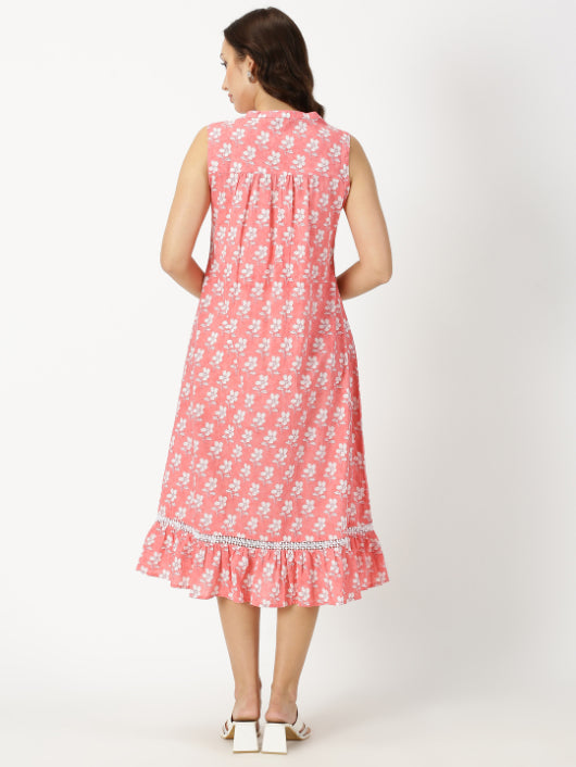 Coral Floral Print Midi Dress with Pintuck Detail