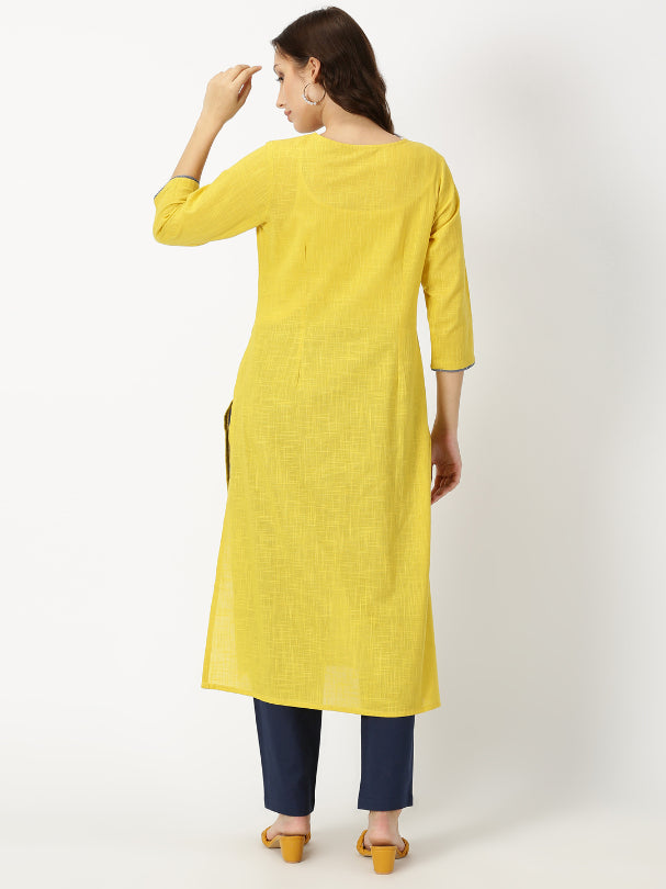 Yellow Slub Kurta with Kashida Embroidery